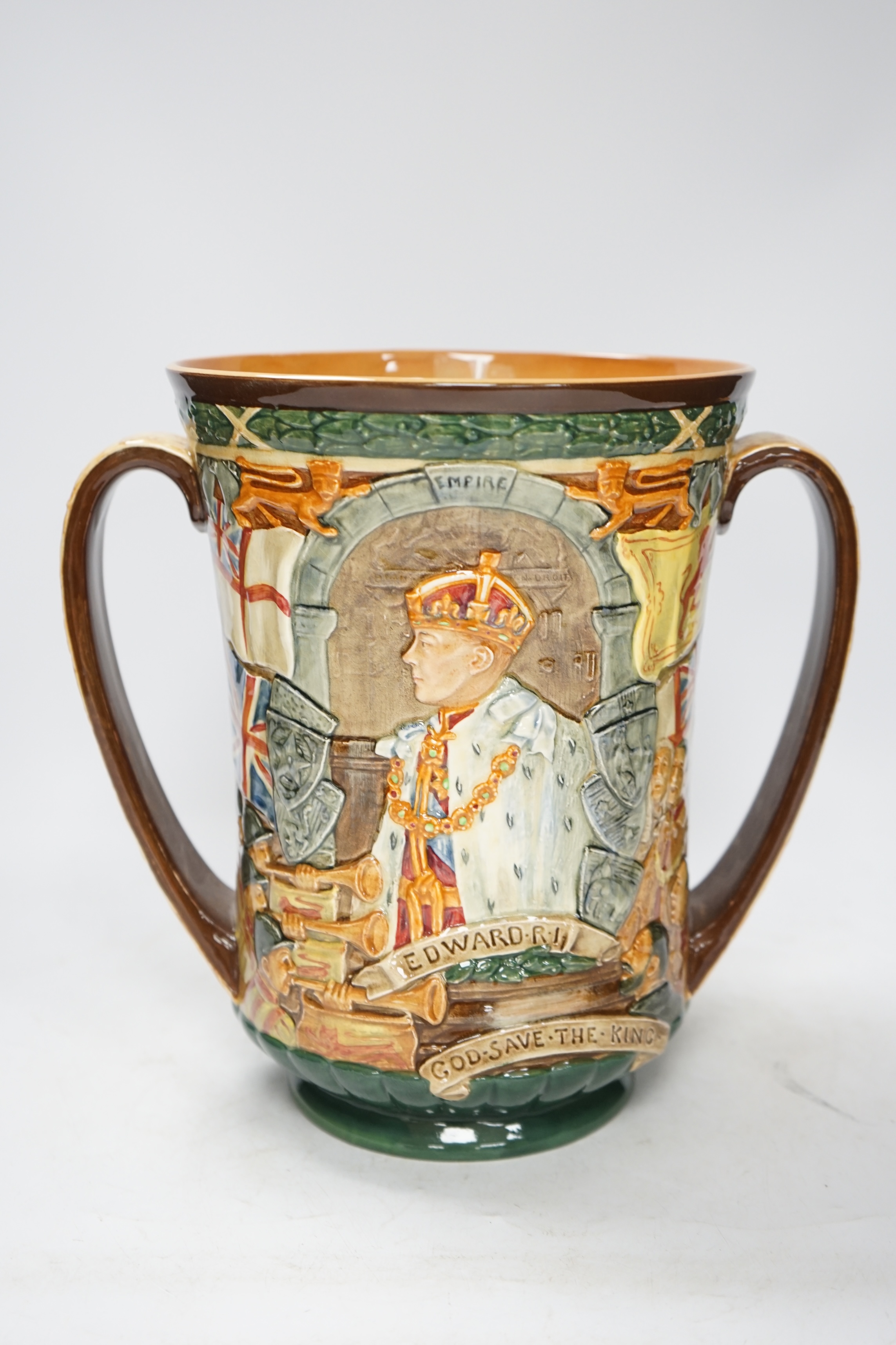 A Doulton commemorative cup, coronation of Edward VIII, 1936, limited edition 596/2000, 26cm high. Condition - good, general crazing